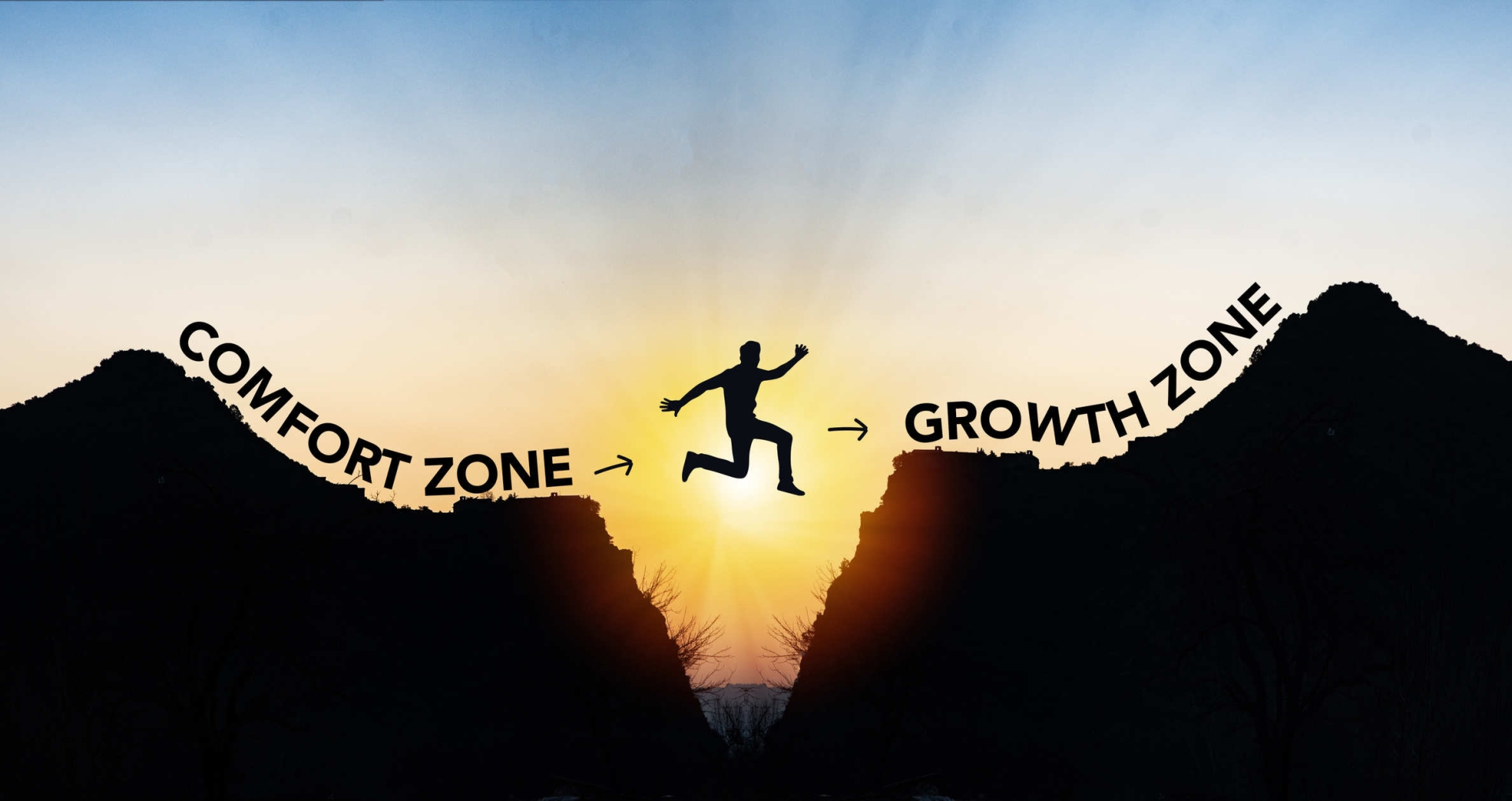 Person jumping from comfort zone to growth zone