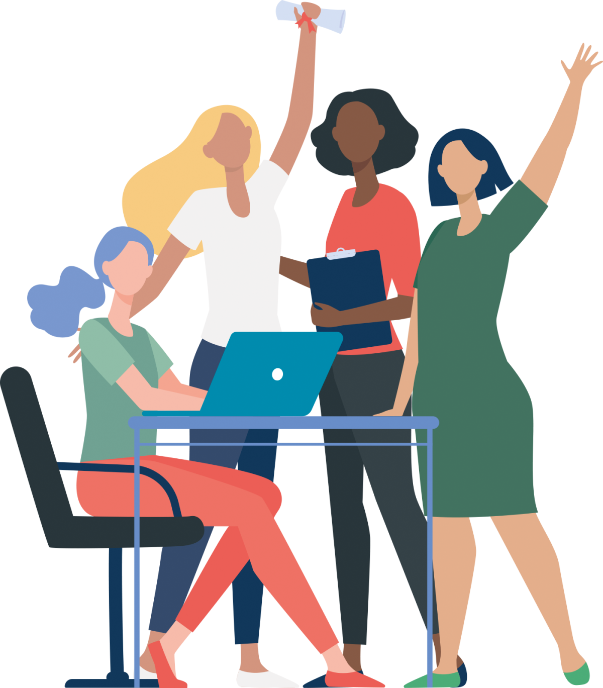 Four woman around laptop cheering