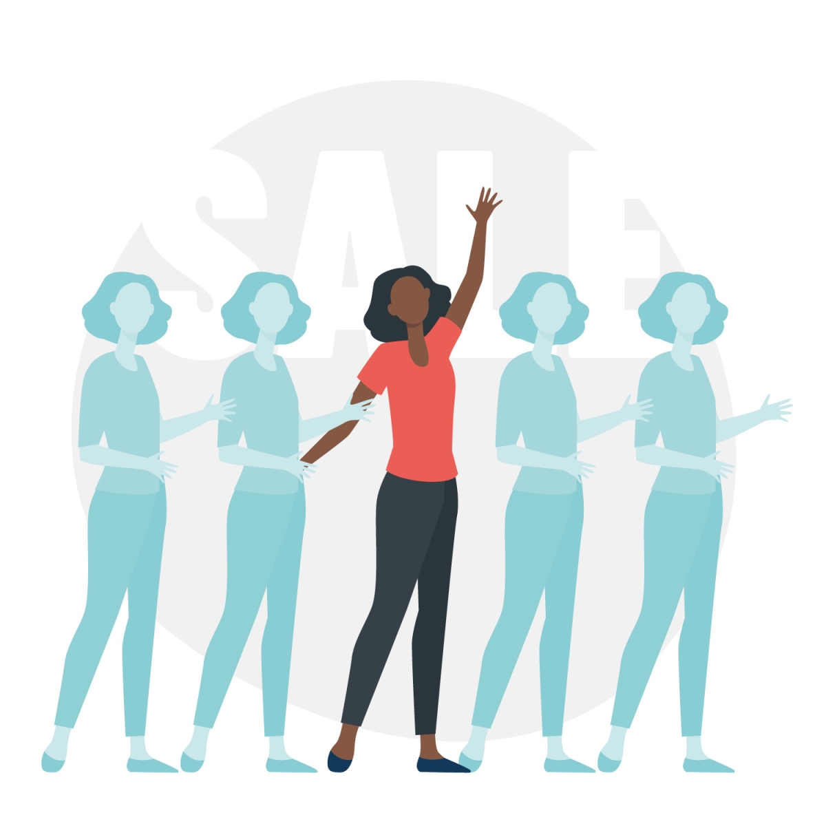 Illustration concept of a woman trying to stand out from the crowd